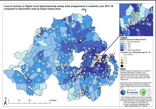 Figure 8 Level of activity on HLA steady state programmes compared to deprivation rank by Super Output Area in academic year 2017/18 