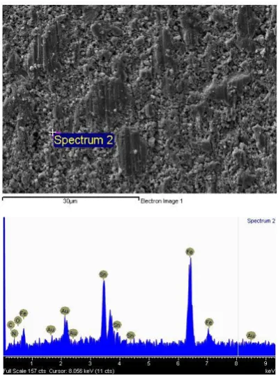Figure 6. Scanning electron micrograph with corresponding EDX spectra for Fe-25at.%Sn supersaturated solid solution electrodes in 0.1M HPO solution after polarization at applied 