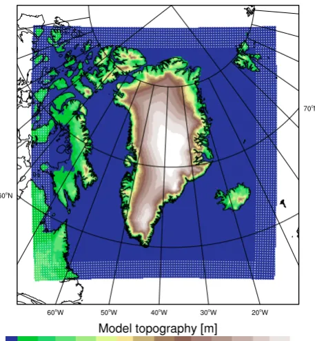 Fig. 1.Fig. 1. Overview of model domain. Model topography is shown incolors, blue represents ocean