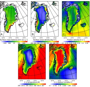 Fig. 4. Mean (1960–2011) modeledFig. 4.Mean (1960–2011) modeled (A) surface mass balancem(mw 