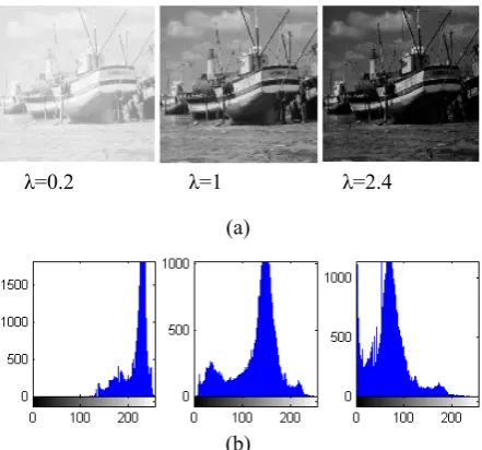 Figure 1. An image with three different gamma conditions and their associated histograms.