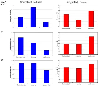 Fig. 7 Model results of the Ring effect (PRaman) and the normalized radiance at 370nm for the case study described in Fig