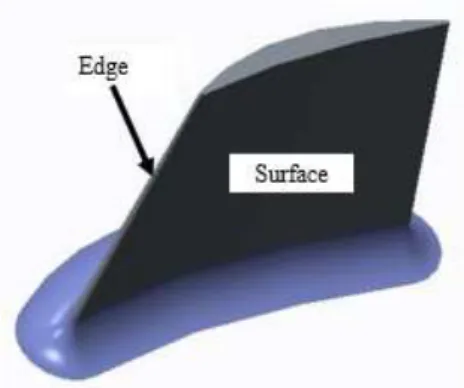 Figure  10:  3D  view  of  the  chosen  blade  geometry  generated  in  Unigraphics  NX  with  definitions of edge and surface, which are sub features of a blade