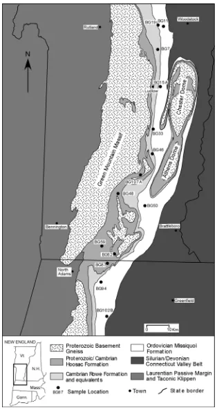 Figure A-6: Map showing the location of samples mentioned in the text.   Regional geology based on Doll et al