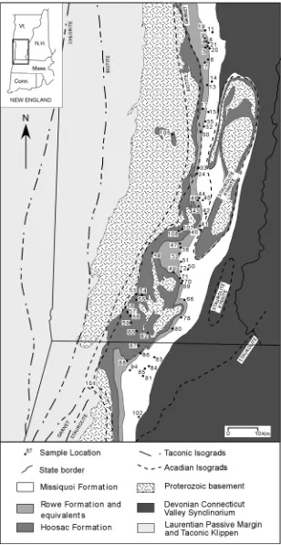 Figure B-1: Map showing the location of samples mentioned in the text.  Regional geology based on Doll et al