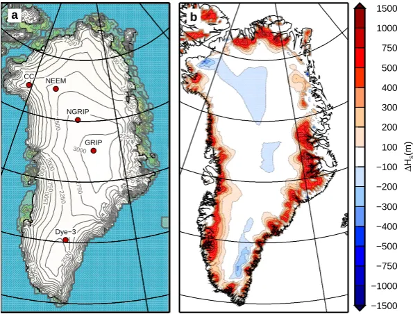 Fig. 9. (a) Steady-state ice sheet and (b) difference with present-day observed elevation after a 100 kyr run using present-day climate forcingand the SMB gradient method.