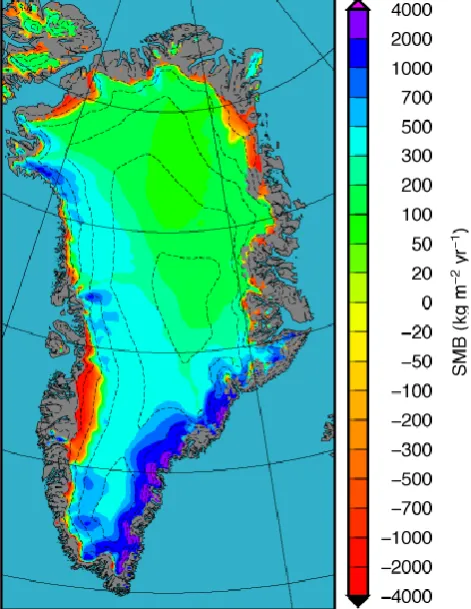 Fig. 1. SMB (1958–2007 average) over the GrIS (Ettema et al.,2009); dashed contour lines indicate surface elevation in 500 mintervals.