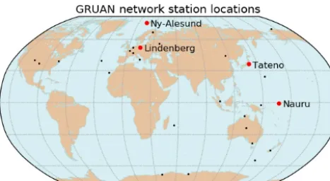 Figure 1. Map of the GRUAN RS network. Labeled locations withred dots are RS stations used in this study, and black dots mark theother GRUAN network RS stations