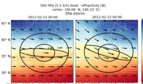 Figure 2. 500 hPa ERA-Interim refractivity ﬁeld (color contours)centered at Tateno for 11 and 12 February 2012 at 00:00 UTC.The three spatial geometries (large circle, small circle, ellipse) areshown in black centered at Tateno with wind vectors (black) de