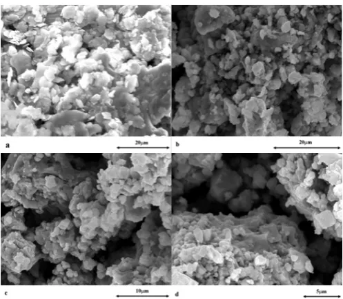 Figure 5 . SEM micrographs of Ti50Al50 powders mechanically alloyed after (a) 5h, (b) 20h, (c)30 and (d) 50h with .