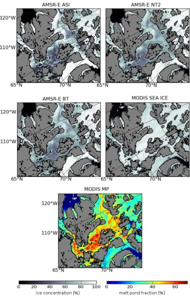 Fig. 8. Comparison of AMSR-E ASI (top left), AMSR-E NASA-Team 2 (top right), AMSR-E Bootstrap (middle left), and MODIS (middleright) sea ice concentrations