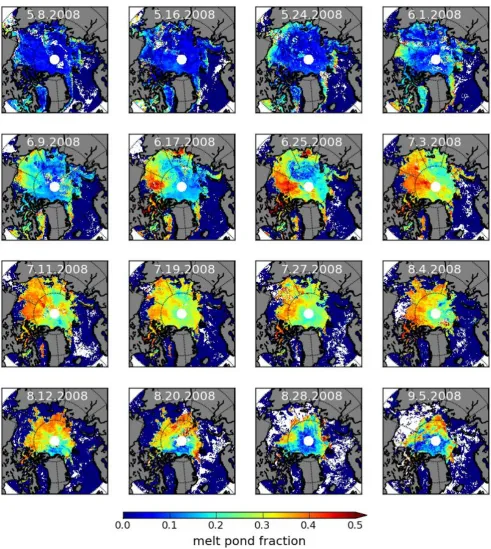 Fig. 4. Seasonal cycle of the relative melt pond fraction from MODIS satellite data for the Arctic for the example of the 2008 melt season.White pixels represent missing data.
