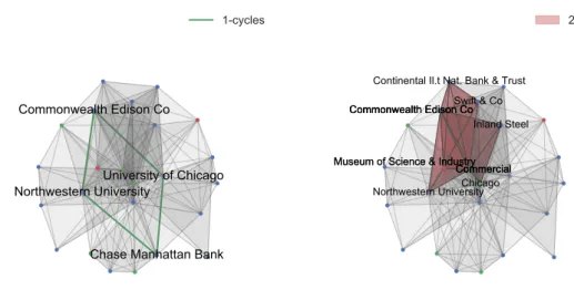 Fig. 2.4 Visualization of the 1-dimensional cycle (in green) and of the 2-dimensional cycles (in red) of the simplicial complex generated from the Barnes-Burkett Corporate Leadership data set.