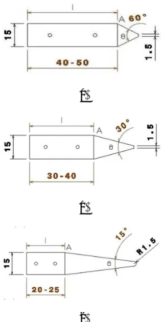 Figure 3. Test models, (a) 6015˚ model, (b) 30˚ model and (c) ˚ model (all dimensions are mm)