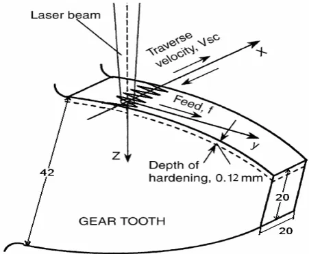 Figure 2. Schematic of the laser surface transformation hardening of a gear tooth showing salient features of theprocess [9]