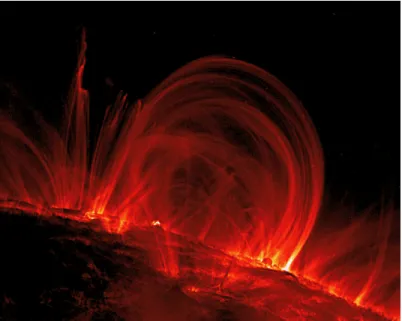Figure 4a. Coronal loops, observed in the ultraviolet light (Fe IX 171 Å) by the TRACE  spacecraft on 6 November 1999, extending 120,000 km off the Sun’s surface (Credit :  TRACE/NASA)