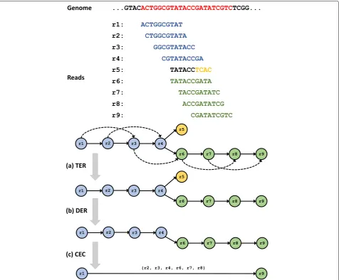 Fig. 1 The overlap-graph reduction algorithms. a Transitive Edge Reduction (TER), b Dead-End Removal (DER), and c Composite Edge Contraction(CEC)