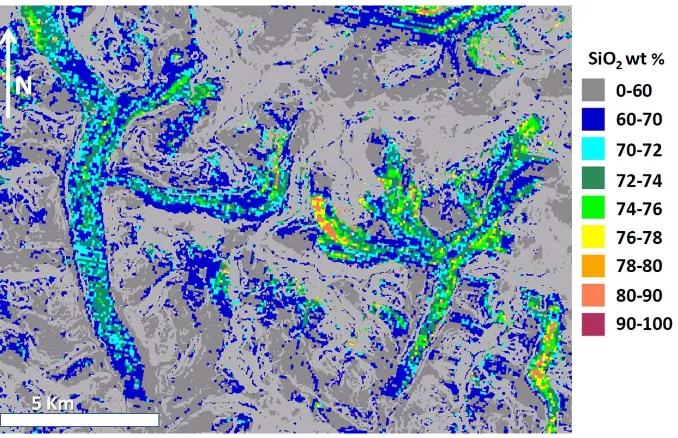 Fig. 6. Debris covered glacier areas are evident by elevated silica content in this ASTER thermal emissivity SiO2 weight percent thematicmap.