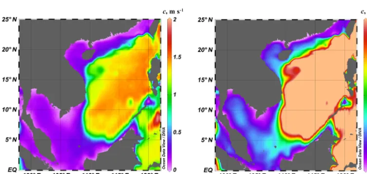 Figure 10. (a) Map of normalised values �min of the minimum of the mode function in July in the South China Sea; (b) histogram of valuesof �min