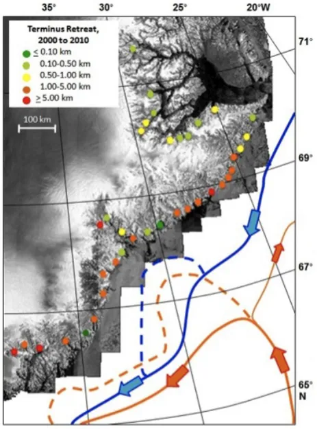 Fig. 2.Change in front position (2000–2010) for all marine-terminating outlet glaciers in this analysis