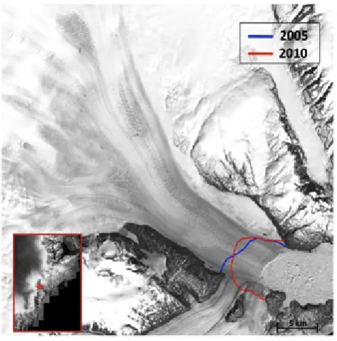 Fig. 6. Landsat-7 ETM+ image from 2000 showing progressionof retreat in 2005 and 2010 at Midgard; the glacier has retreatedroughly 9 km since 2000.