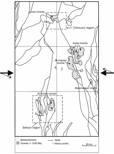 Figure 5.3.112.5 Conceptual Model 1 showing basic geological features and structures. Boundary conditions are appropriate to an east-west compression (σ1 = 90°) and a rotation of σ1 to °