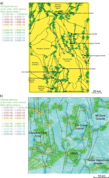 Figure 5.27. Plots of mean stress for Model 2a a) regional plot displaying higher mean stress values at many fault intersections and fault bends b) magnified plot of the Selwyn area showing partitioning of stress in and around fault contacts