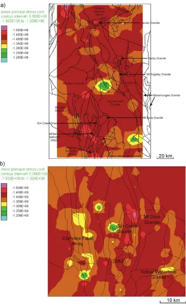 Figure 5.28.magnified plot of the Selwyn area showing low values at specific fault intersections and a at the north and south of the Squirrel Hills granite and highest values in the Selwyn region  Plots of minor principal stress for Model 2a a) regional pl