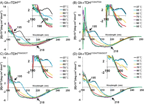 Fig. 6. TeGh-rTDHY53H/at 195 and 218the inset showemperature d/T59I and (D) Gh8 nm indicate tws the second dependence ofh-rTDHY53H/T59I/the isodichroicisodichroic pof the far-UV /S63T proteins inc points and theoint of Gh-rTDCD spectra n 10 mM phospe negat