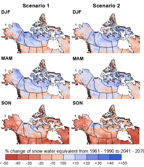 Fig. 9b. Change in snow water equivalent from 1961–1990 mean to2041–2070 mean from the CRCM data displayed by season Winter(December, January, February), Spring (March, April, May) andFall (September, October, November).