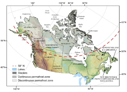 Fig. 1. Canada with provincial and territorial boundaries and thestate of Alaska (USA), highlighting the area above 58◦ N used forthis study