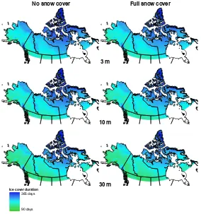 Fig. 6. Mean ice cover duration for 1961–1990 for the three depth simulations, for both the no snow and full snow scenarios.