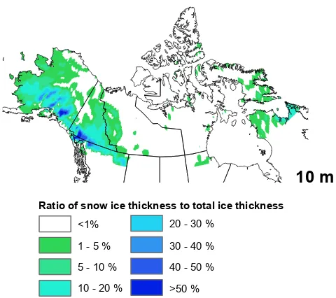 Fig. 7. Mean maximum ice thickness for 1961–1990, for three depth simulations, and both the no snow and full snow scenarios