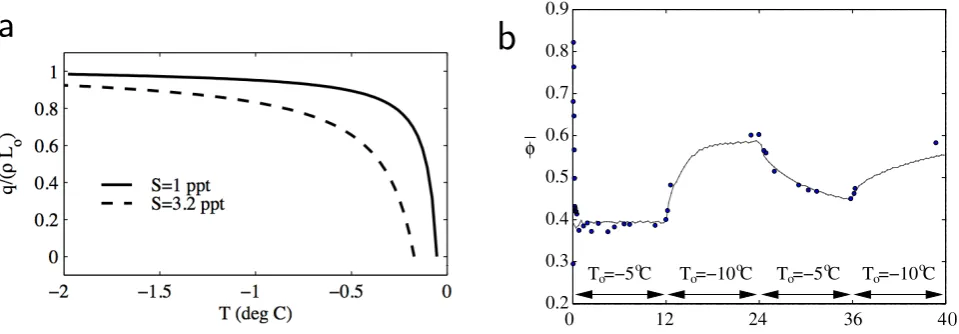 Fig. 5. (a) Energy of meltingand Lipscomb, 1999, used with permission, American Geophysical Union).(dots) evolution of the mean solid volume fractiontemperature q relative to the latent heat of fusion ρL0 of pure ice, as a function of temperature for two v