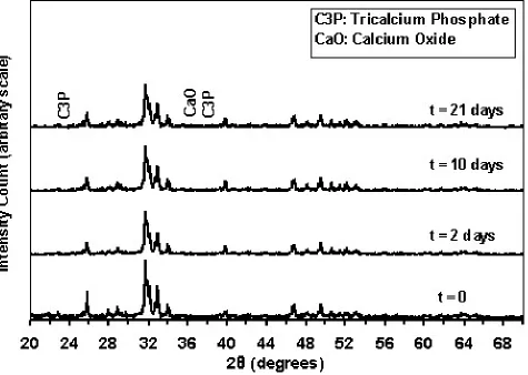 Figure 2. Typical XRD patterns for the plasma sprayed HA coatings before (t = 0) and  after 2, 10 and 21 days soaking in SBF at 37°C 