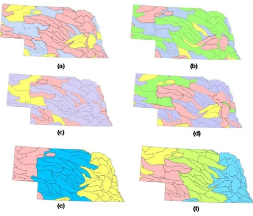 Figure 10: Result of clustering watersheds with. k = 3 ((a),(c),(e)) and k = 4((b),(d),(f))  using different combina- combina-tions of non-spatial, structural and organizational attributes