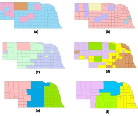 Figure 12: Result of clustering counties with. k = 3 and k = 4 using different combinations of non-spatial, struc- struc-tural and organizational attributes