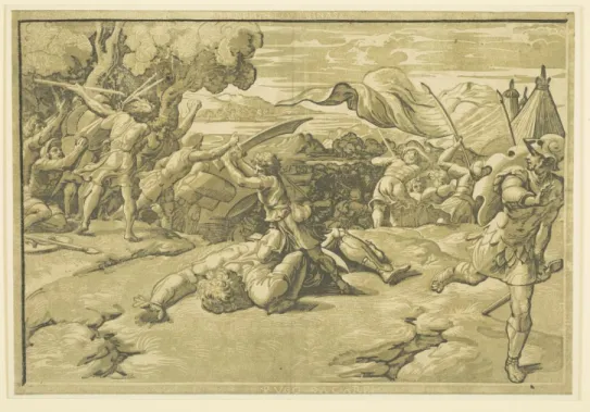 Figure 14: David Cutting off the Head of Goliath, Ugo da Carpi, after Raphael, 1520-1529,  Chiaroscuro woodcut, Second state, Ashmolean Museum of Art and Archaeology, University of  Oxford, England