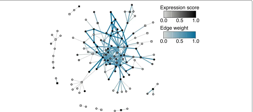 Fig. 1 Monocyte-specific psoriasis sub-network. To create the sub-network, the protein products of all psoriasis-associated genes (squares) and theirinteracting partners (circles) were identified