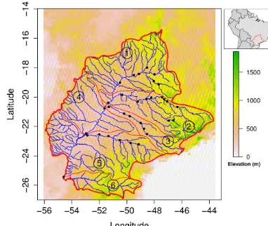 Figure 1. The Paraná River basin (red contour) and streamﬂowgauges used in this work (black dots)
