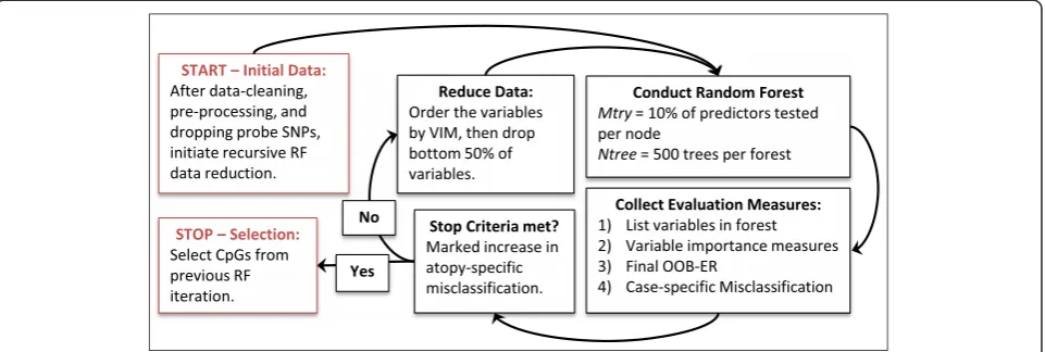 Fig. 1 Recursive RF feature selection process. The feature selection process started with a large dataset: all CpGs that survived data cleaning andassessing stop criteria, and reducing the data) repeated until the atopy-specific misclassification rate show