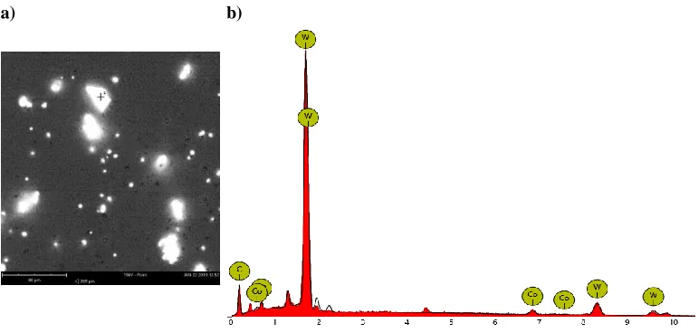 Figure 2. SEM image: a) surface morphology, b) characteristic spectrum (EDS) in a micro-area for a cemented carbide insert