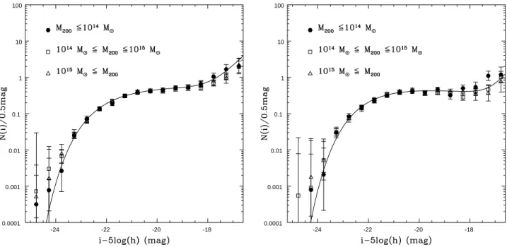 Fig. 12. The composite LF for the whole (left panel) and the red (right panel) cluster galaxy populations
