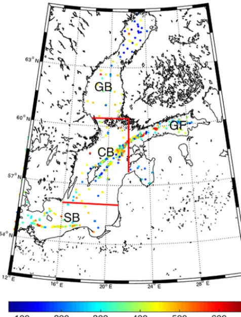 Figure 1. Data available for the Baltic Sea for 1998–2011. Thedashed red lines indicate the division into the Central Basin (CB),Gulf of Finland (GF), Gulf of Bothnia (GB), and South Basin (SB).The colour bar shows the pCO2 values (µatm).