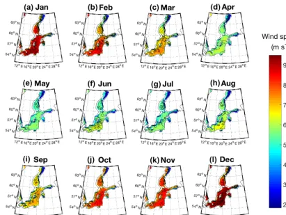 Figure 2. Monthly mean wind speed (indicated by the colour bar) and annual variability (indicated by contours).