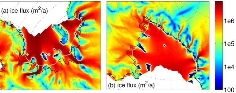 Fig. 13. Comparison of surface velocity ﬁelds. (a) Observed surface velocities from MAMM data enriched by data from Joughin et al.(2002)