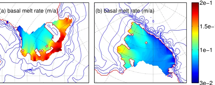 Fig. 1. Basal melt rate forFig. 1: Basal melt rate for (a) Ronne-Filchner and (b) Ross Ice Shelves, as given by Eq