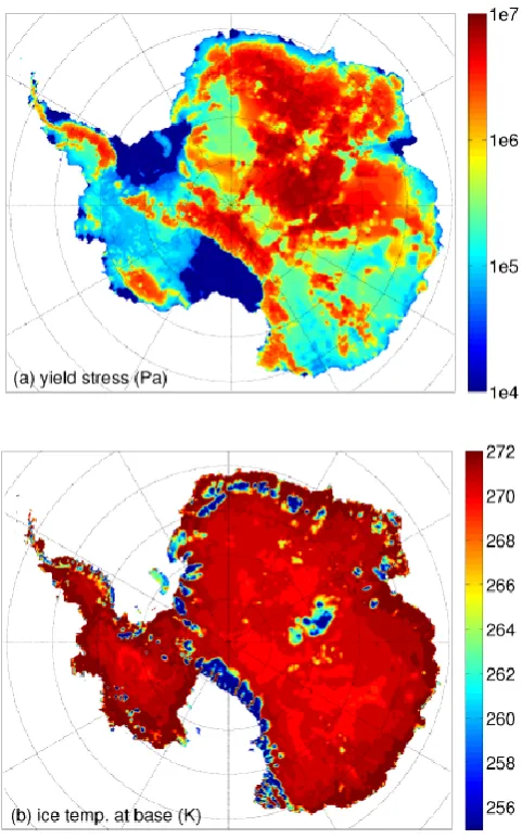 Fig. 3. (a) Map of yield stress τc, following Eqs. (9–12). (b) Tem-perature at the base of grounded ice.