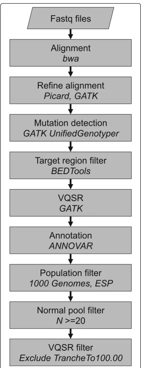 Fig. 5 Schematic of tumor-only mutation calling pipeline. Analyticalpipeline overview for tumor mutation calling with a subset ofmatched normal samples