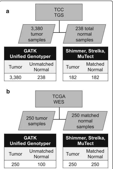 Fig. 1 Overview of cohorts. Cohort description and sample countsfor the TGS (a) and WES (b) cohorts